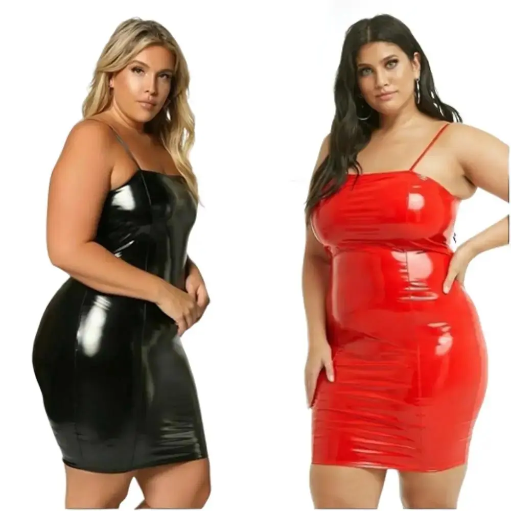 Plus Size Women Slinky Leather Wet Look Vinyl Night Club Disco Mini Bodycon Dres Casual Sexy Sleeveless Womenswear Underwear Warmer Lady Comfort Fit Summer Basic Festival Minimalist Party Spaghetti Strap