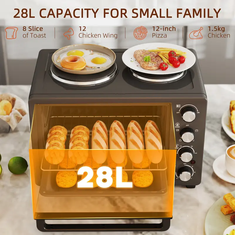 HOMCOM 28L Mini Oven with 2 Hot Plates, Countertop Toaster Oven, Grill, Roast, Bake, Boil, with Timer, Adjustable Temperature, Electric Oven with Baking Tray, Grill Rack, Crumb Tray, 2600W, Black 3