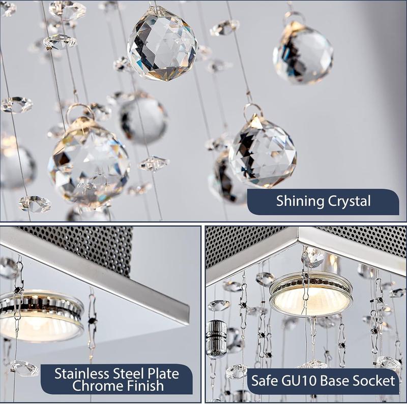 Product Introduction of Modern Crystal Raindrop Chandelier, Flush Mount LED Ceiling Light for Dining Room, Bathroom, Bedroom, or Living Room, 4 GU10 LED Bulbs Required, Width 35cm, Height 50cm [Energy Class A+++] 11