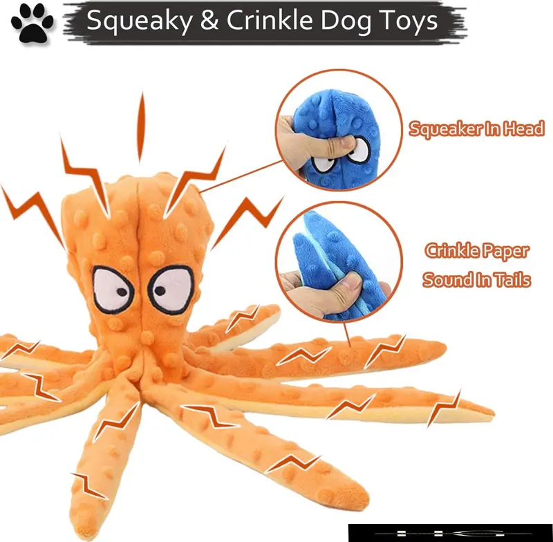 Squeaky Dog Interactive Play Toy,No Stuffing Octopus Dog Chew Toy with Crinkle Paper for Medium and Large Dog Playing(Purple) 3