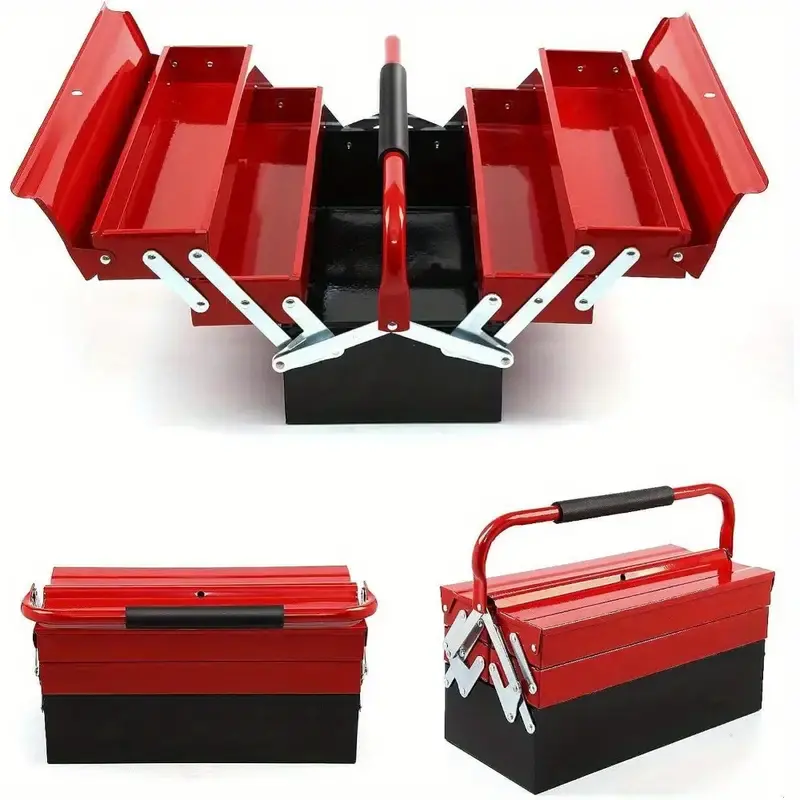 Large Metal Tool Box CantileverToolbox 43cmx22cmx21cm 3 Tiers 5 Tray Tool Storage Box Organiser (Red) - Home Organizer