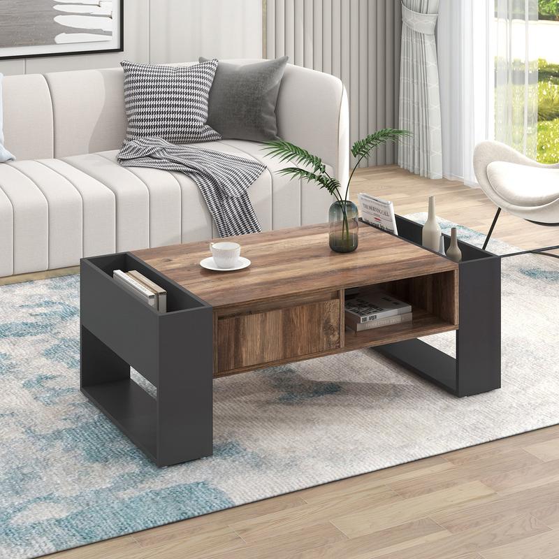 BTM Wood grain coffee table, with a handleless drawer, a storage compartment and rear storage compartment, double-sided storage. With storage compartments on both sides.Office, living room sofa table 1