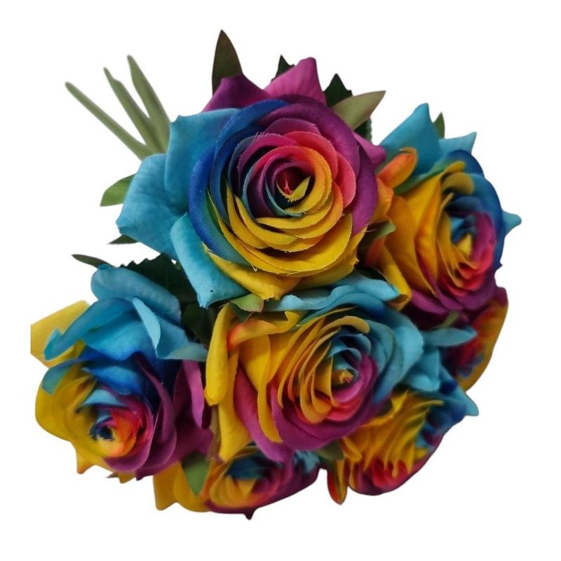 35cm fresh touch diamond artificial rainbow rose 7 stems.  Display bouquet craft home decor vase filler faux fake flowers 0