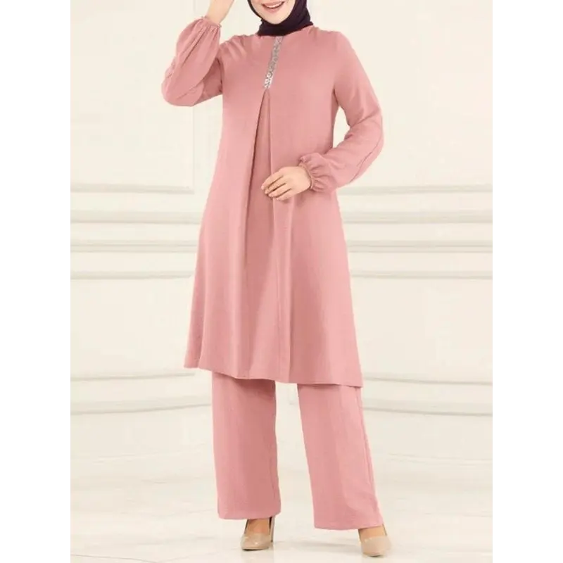 Women's Plain Contrast Sequin Bishop Sleeve Round Neck Top & Wide Leg Pants Islamic Set, Casual Long Sleeve Top & Trousers for Daily Wear, Ladies Islamic Clothing for All Seasons,abaya for women 6