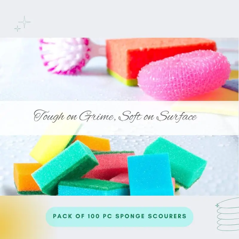 100-Pack Ultra-Absorbent Kitchen Sponge Scourers Cleaning squeeze rinse disinfecting sponges Multicolor scrubbing and cleaning Sponge Scourers 3