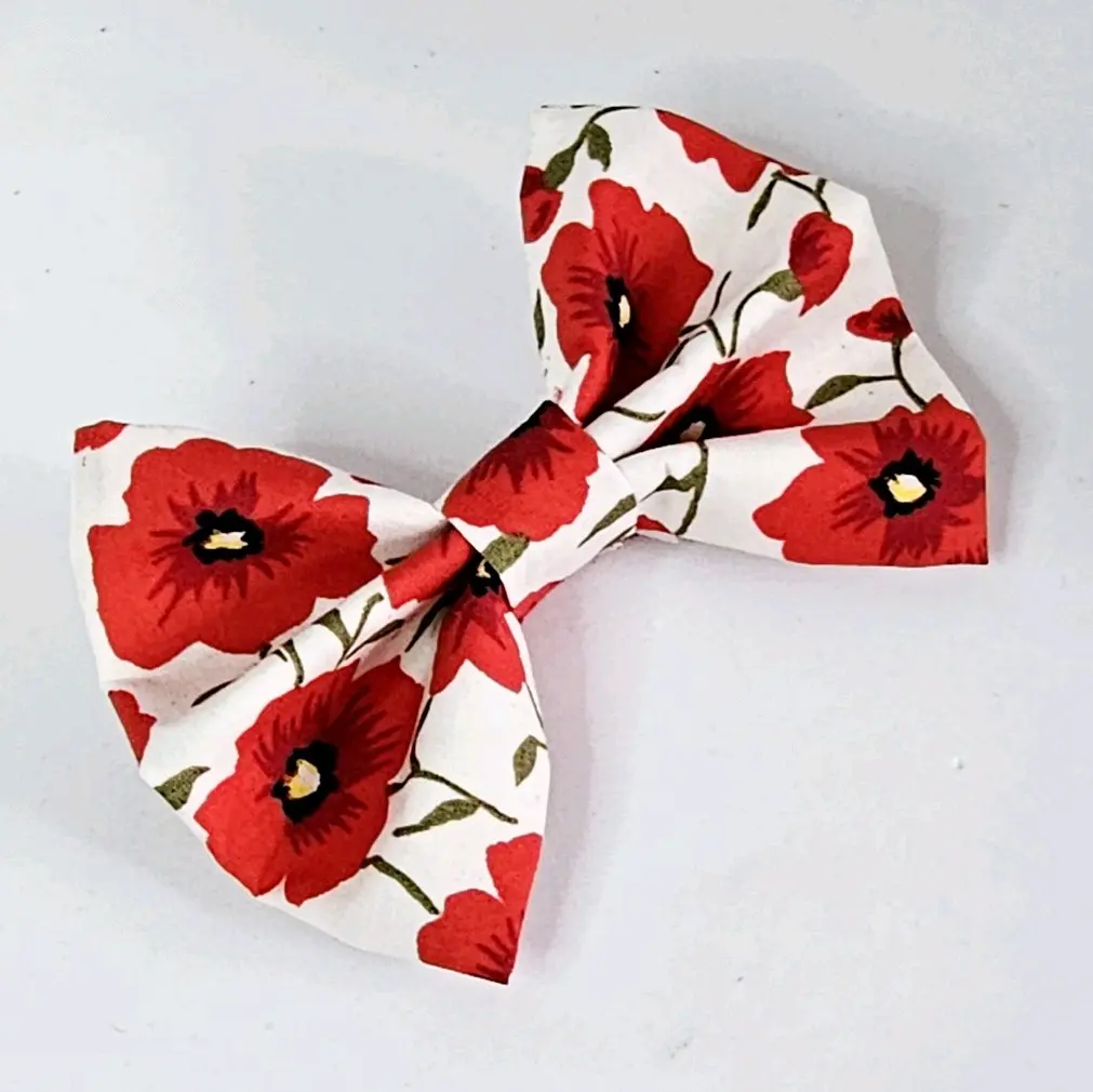 Handmade Dog Pet Bow Tie Poppy Remembrance Day Slide On To Collar white/Red