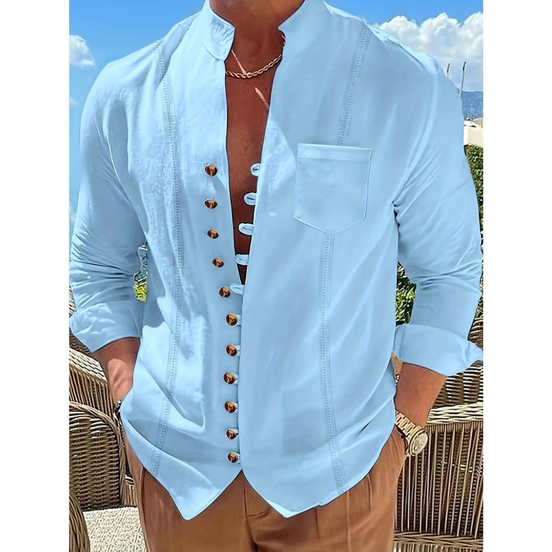 Men's Solid Ethnic Style Band Collar Jacket For Spring Summer, Stylish Casual Cotton Shirt For Males 1