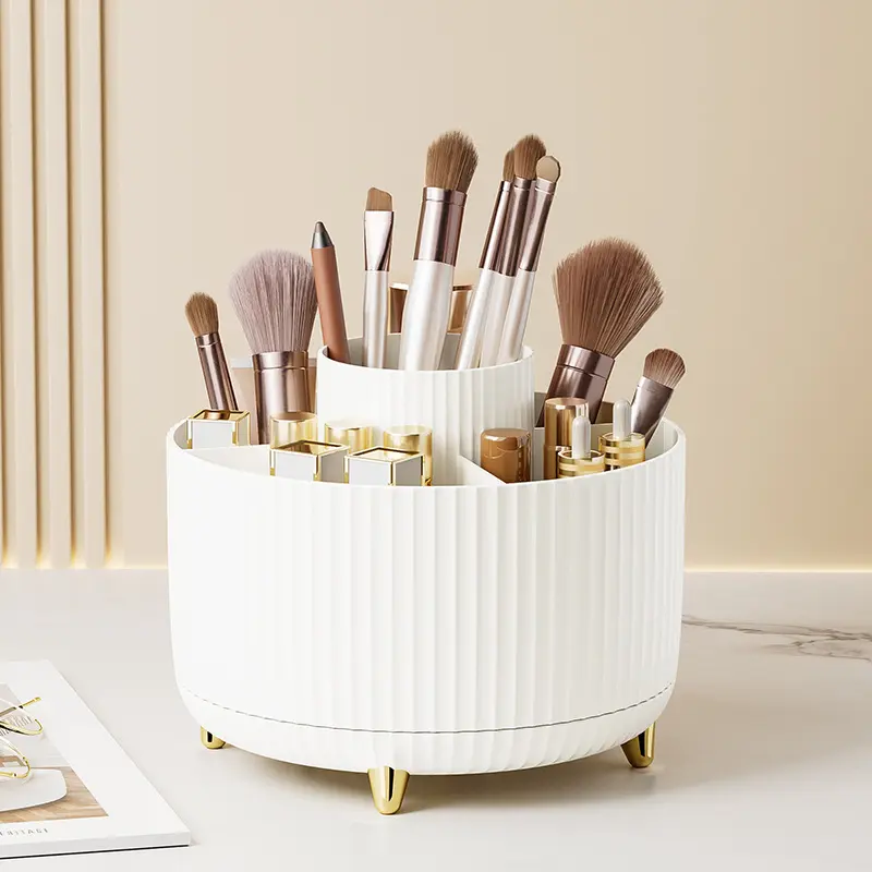 360° Rotating Makeup Brush Holder with 5 Compartments for Cosmetics, Perfume , Jewellery for Dressing Table Bedroom, Bathroom Office White Stationery Storage
