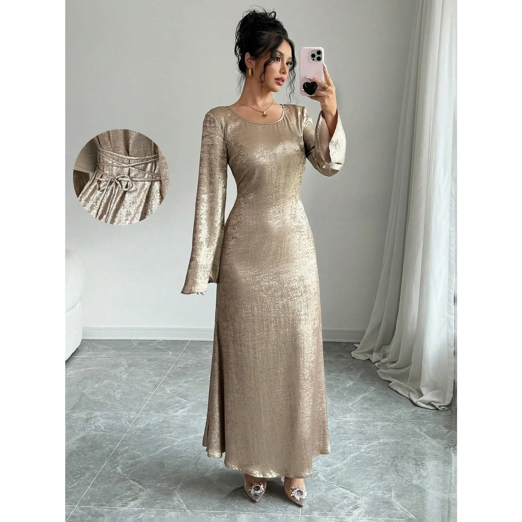 Raffinéa 1pc Women's Elegant Backless V Neck Lantern Sleeve Waist Fitted Mermaid Dress, Golden Color Maxi Women Outfit Fabric Polyester