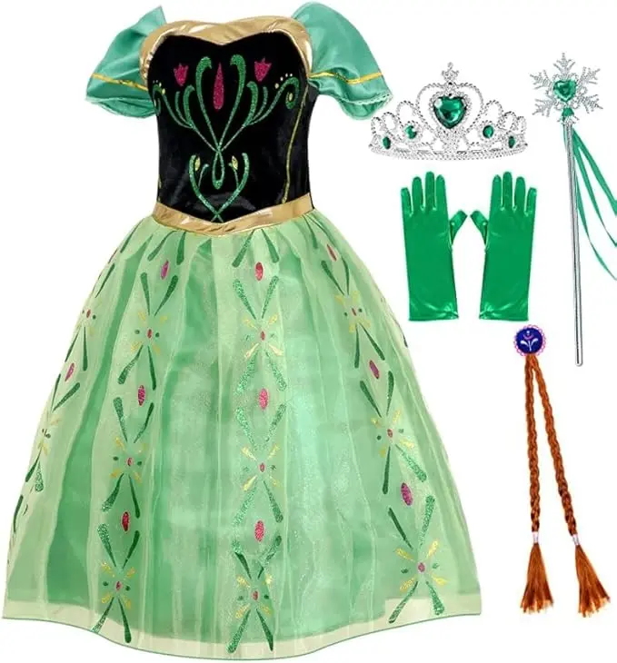 Anna Dress with Crown Fairy Wand Gloves Green Princess Costume Dress Fancy Dress Party Coronation Dress