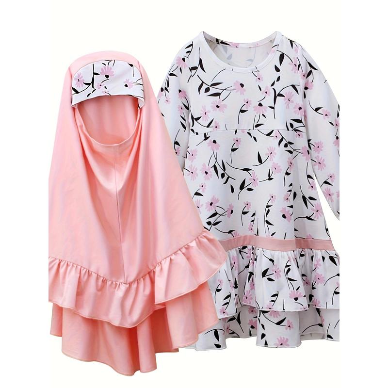 Conjunto de Ropa Étnica Tradicional Musulmana para Niñas de Primavera y Otoño - Vestido Floral de Manga Larga + Pañuelo para la Cabeza, Conjunto de Dos Piezas 3