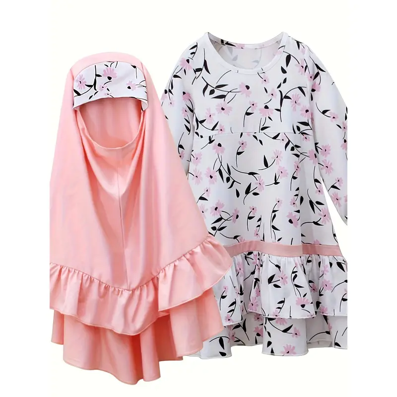 Traditional Muslim Ethnic Clothing Set for Girls Spring and Autumn - Floral Long Sleeve Dress + Headscarf, Two-Piece Set 3