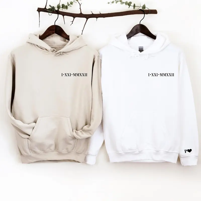 Custom Roman Numeral Hoodie, Couples Matching hoodie with matching Sleeve 1