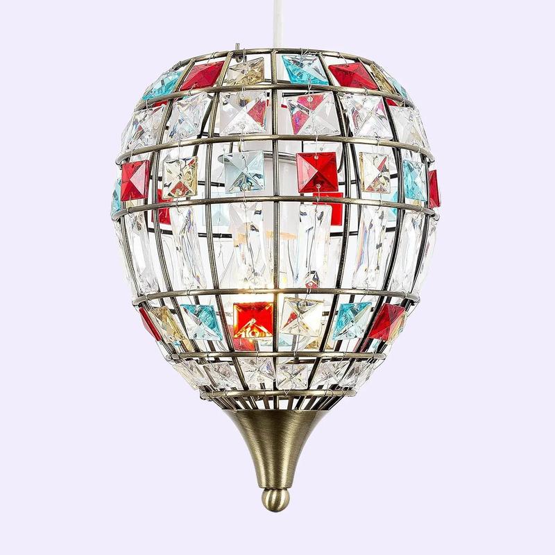 Traditional Antique Brass Cage & Multi-Coloured Acrylic Jewel Ceiling Pendant Light Shade 4