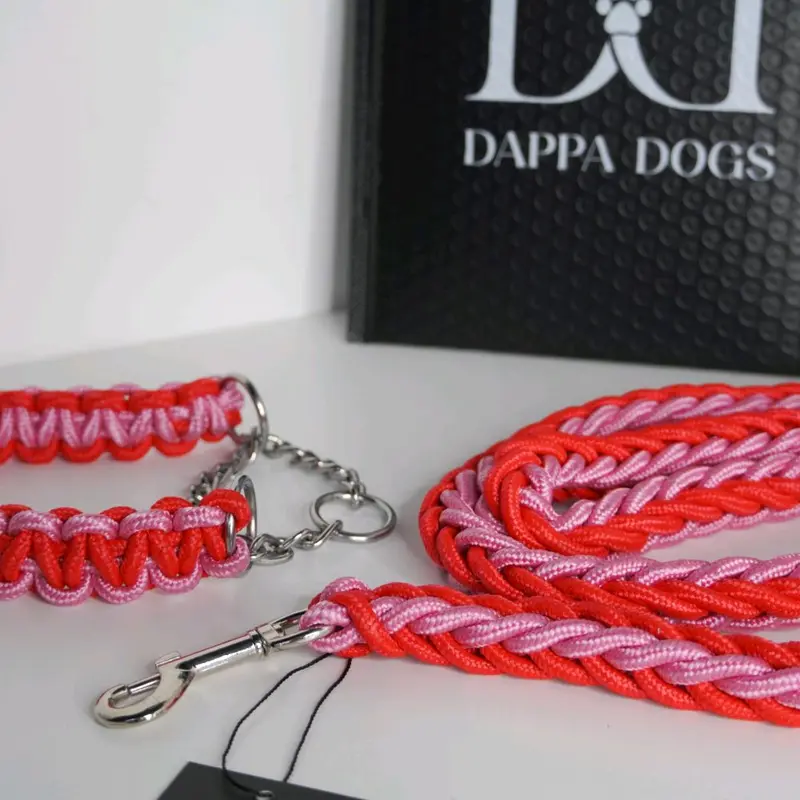Dappa Dogs Red And Light Pink Paracord Collar And Lead Set 1