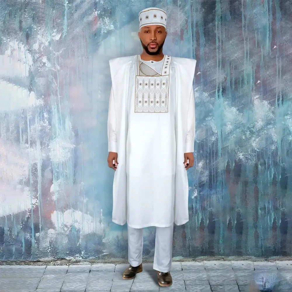 Authentic African 3 Piece Agbada - White - Long Sleeve - Cotton Blend - Clothing - African Clothing - African Wedding Suit