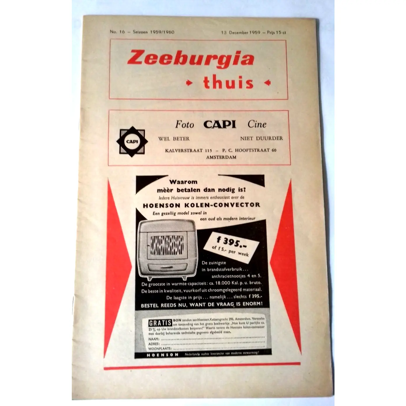 Zeeburgia v Watergraafsmeer Match Programme Tweede Klasse B Amateur 13/12/1959.