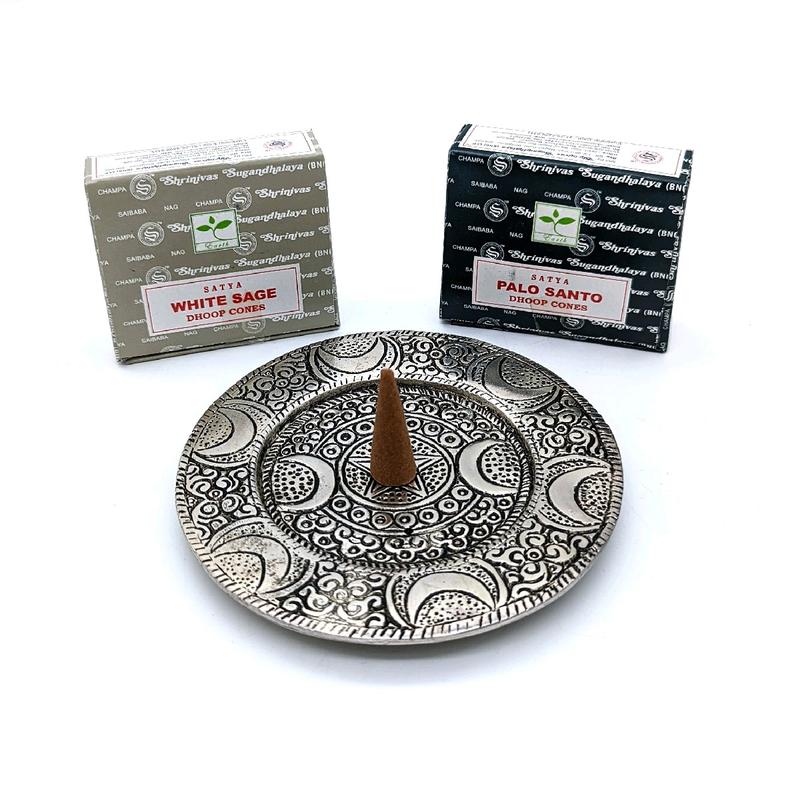 Pentagram, Incense Magic Spell Gift Set - Triple Moon Pentagram Candle Holder, White Sage Incense Cones, Palo Santo Incense Cones, Metal Pentagram Incense Dish, Magic Spell Candles 1