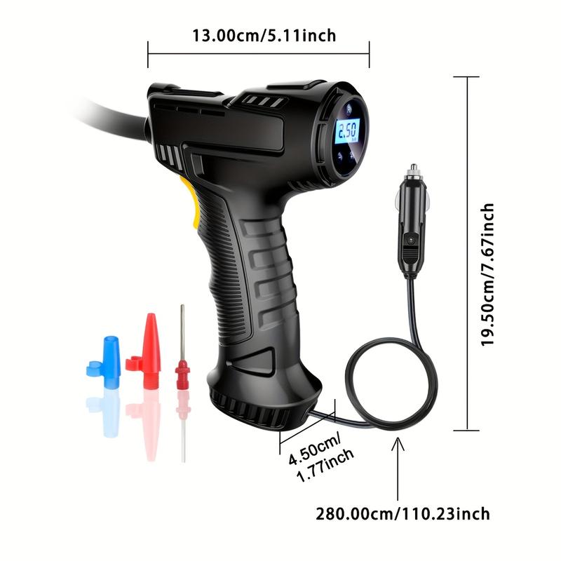 Portable Car Tyre Inflator, Air Compressor, Digital Handheld Electric Pump, LED Light, 3 Nozzle Adaptors, for Car, Motorcycle, Bicycle, Inflatables, DC 12V 2