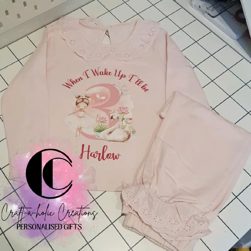 Personalised Ballerina Birthday PJs for Girls, 100% Cotton, Pink, 6-12m to 9-10yrs princess pyjamas 5
