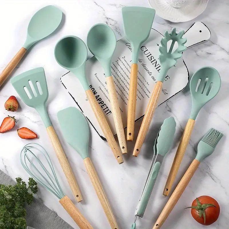 12 Pcs Non-Stick Silicone Cooking Utensils Spatula, Tong, Whisk Set  with Wooden Handle 1