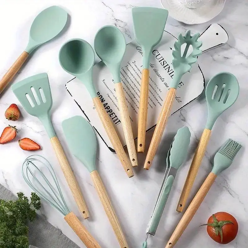 12 Pcs Non-Stick Silicone Cooking Utensils Spatula, Tong, Whisk Set  with Wooden Handle 1