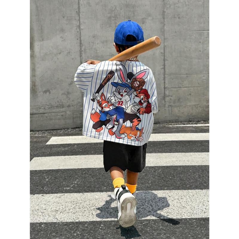 Young Boy 1pc Casual & Cute Vacation Cartoon Animal Group Print Ultra-Oversized Round Neck Drop Shoulder Short Sleeve White & Blue Striped T-Shirt, Suitable For Sports & Spring/Summer Seasons 7