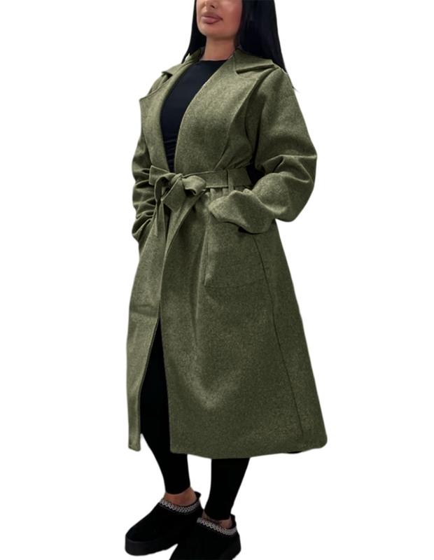 Womens Casual Long Sleeve Lapel Collar 2 Front Pockets Tie Up Long Coat Ladies Outdoor Winter Warm Belted Waist Trench Duster Long Coat Jacket 7