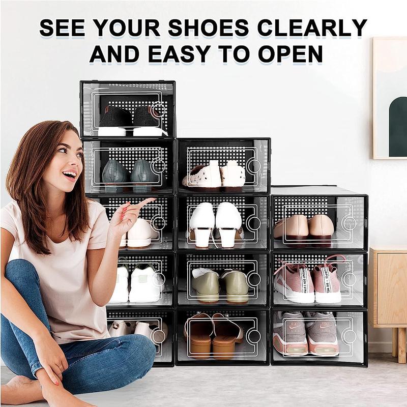 Shoe Storage Box, 12 Pack Clear Transparent Shoe Storage Boxes Hard Plastic Stackable Organiser Containers Bins, DIY Easy Assembly, Sturdy & Durable, Space Saving, Grey Door Frame 6