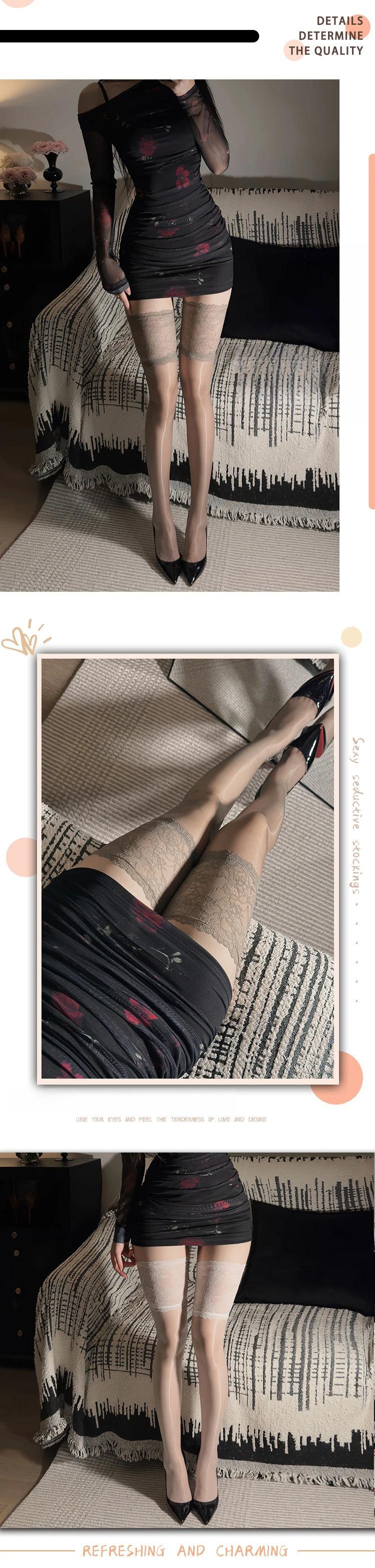 Product Introduction of Sexy Lace and Horse Oil Thigh High Socks Woman Red Gray Black Skin Color Stockings Club Internet Celebrity Medias Transparent Nylon Womenswear 8