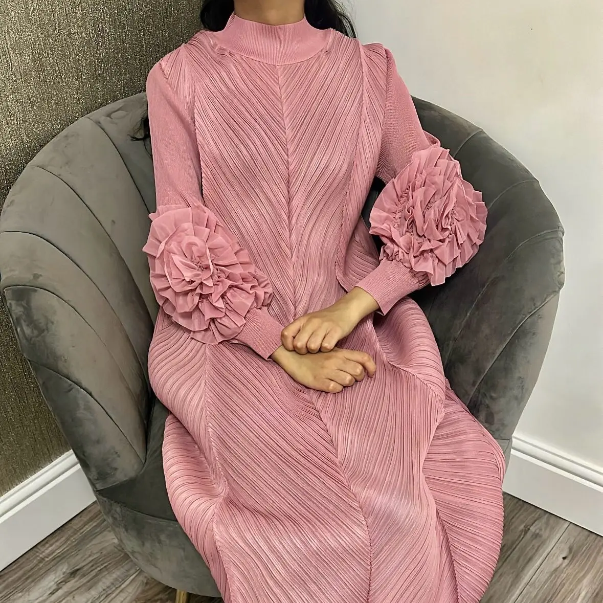 Azra Dress - Women's Modest Long Plisse Kaftan Dress with Ruffle Detail - Fit, Going Out Wear