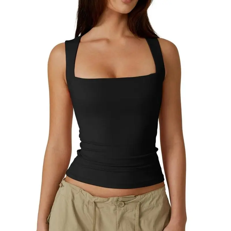 Women's Square Neck Sleeveless Double-Layer Tank Tops Basic Tight T Shirts