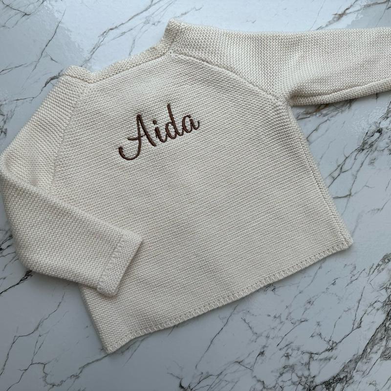 Girls Beige Cardigan with Embroidered Name, Personalised. baby clothes 1