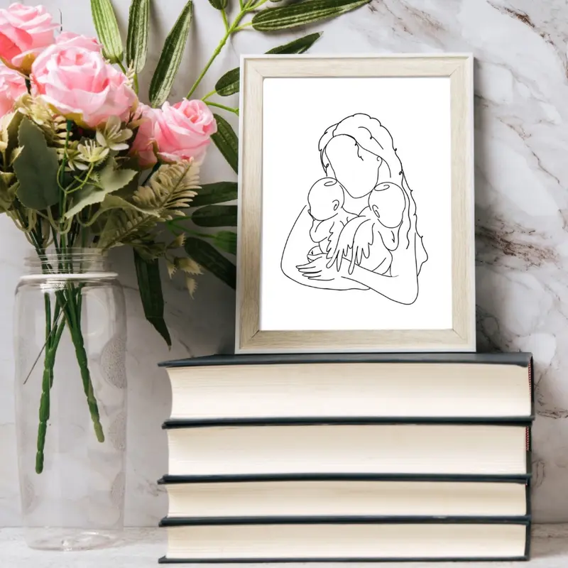 Personalised Mother Holding Angel and Earthside Twin Babies Line Art - Infant Loss Keepsake - Room Decor - Wall Print Gift Decoration Poster - Ornaments, Artistic 2