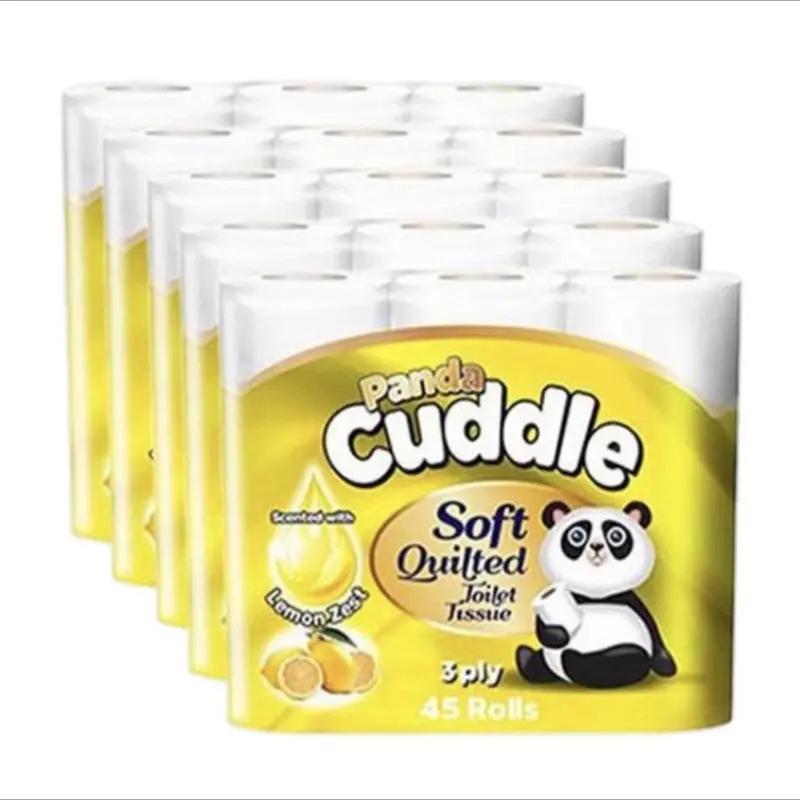 90 Panda Cuddle Lemon 3 Ply 160 Sheets Toilet Tissue Rolls - Pack of 90 - Wipes 0