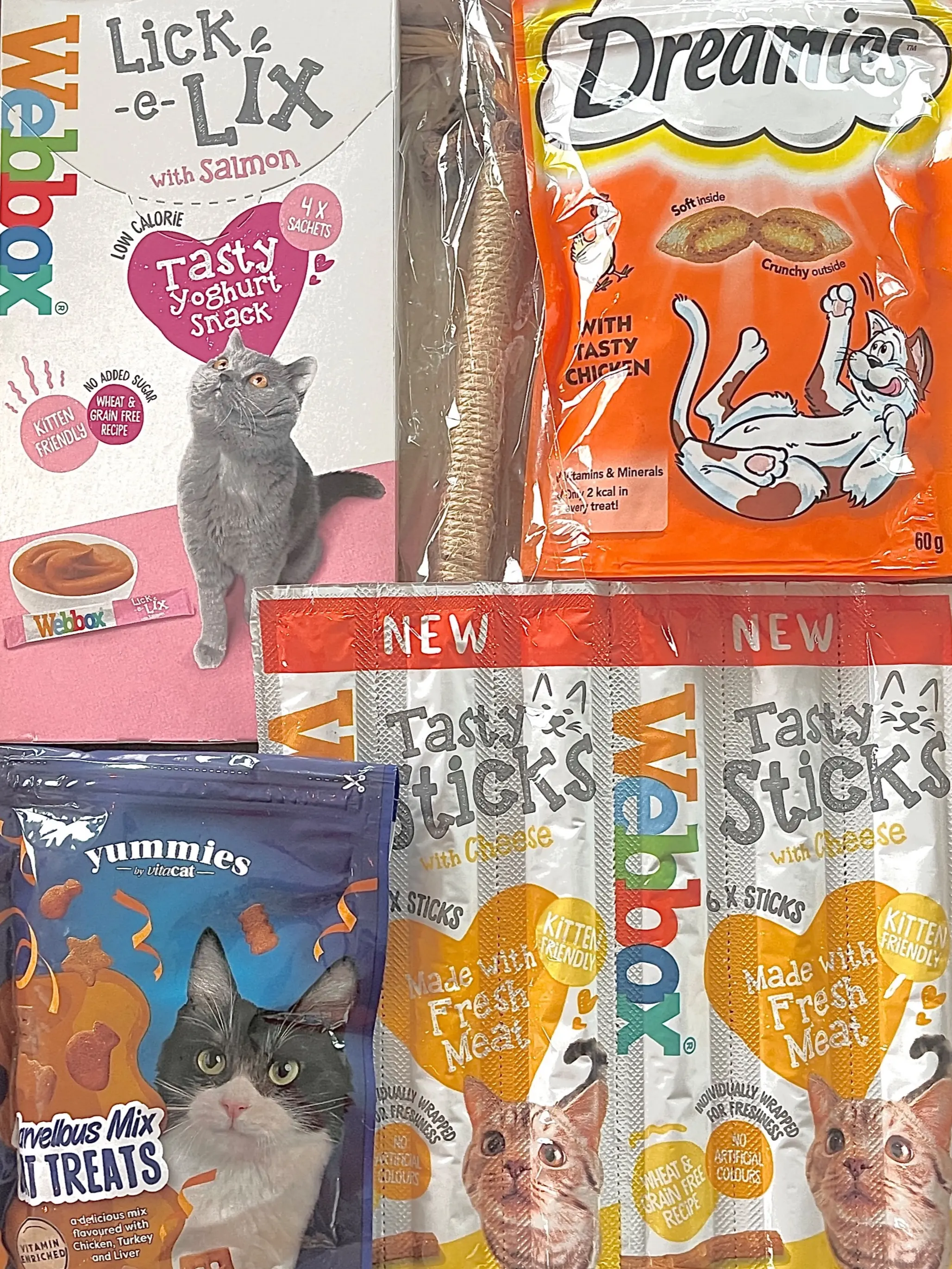Favourites Treat Box for Cats: includes 4 of our favourite treats and a catnip dental cleaning stick toy. Comes in cardboard packaging your cat/kitten will love foods