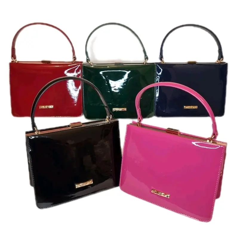 Glossy Patent Square Classic Style Top Handle Embellished Evening Clutch Bag - Fuschia Hot Pink, Burgundy Red, Dark Green, Black, Navy Blue odourless elegant fashion bags designer handbags