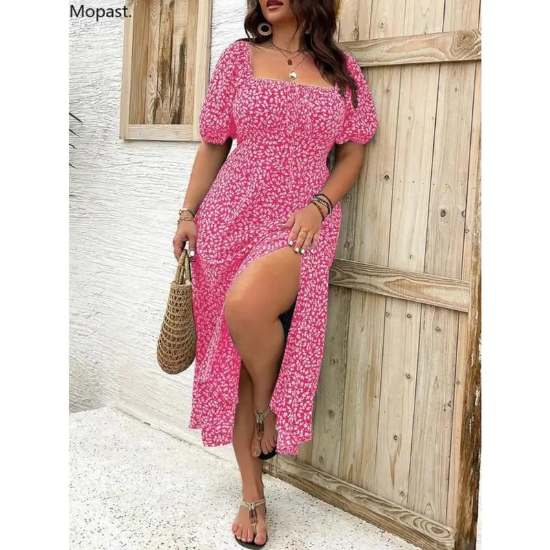 【Plus Size】 Ditsy Floral Print Split Thigh Dress, Boho Puff Sleeve Tie Front Sundresses, Maxi Dress, Summer Dresses 2024, Daily Wear Ella Thomas Coming Home Outfit, Wedding Guest College Dress Hide Tummy Black Party Dresses, UK Green Dress Lady 5