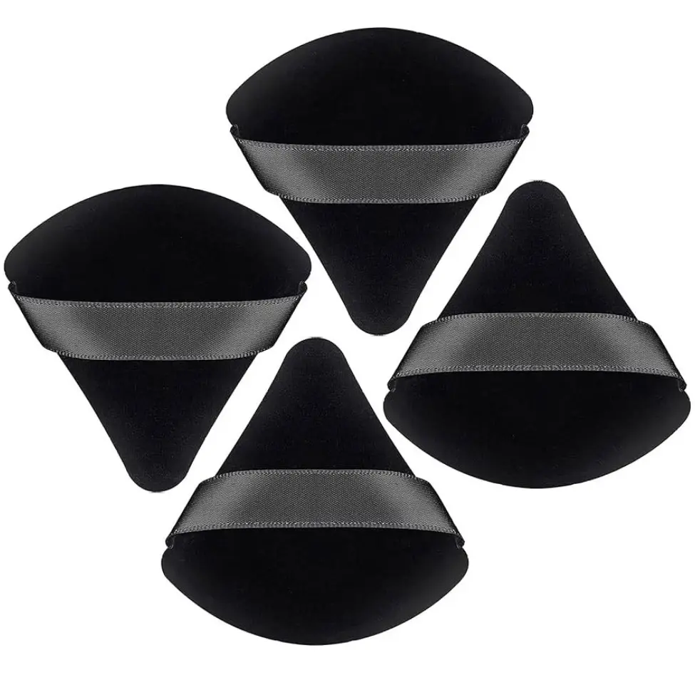 Cosmetic Triangle Puff 4 Pack - Soft & Reusable Foundation Sponge with Strap for Dry & Wet Makeup (Black)