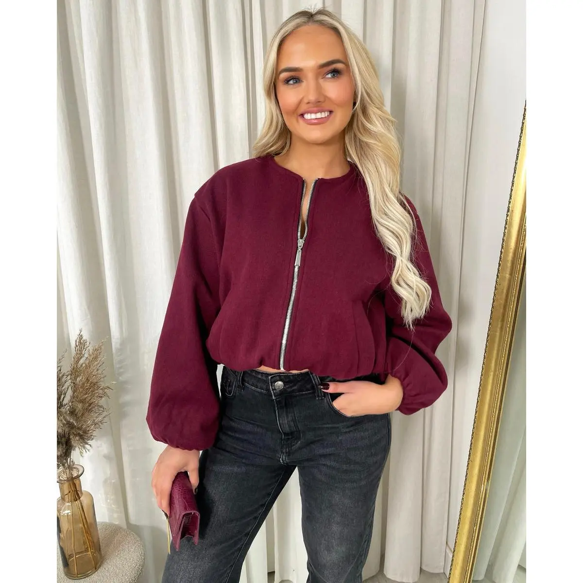 Cropped Zip Up Balloon Sleeve Bomber Jacket Womenswear Coats