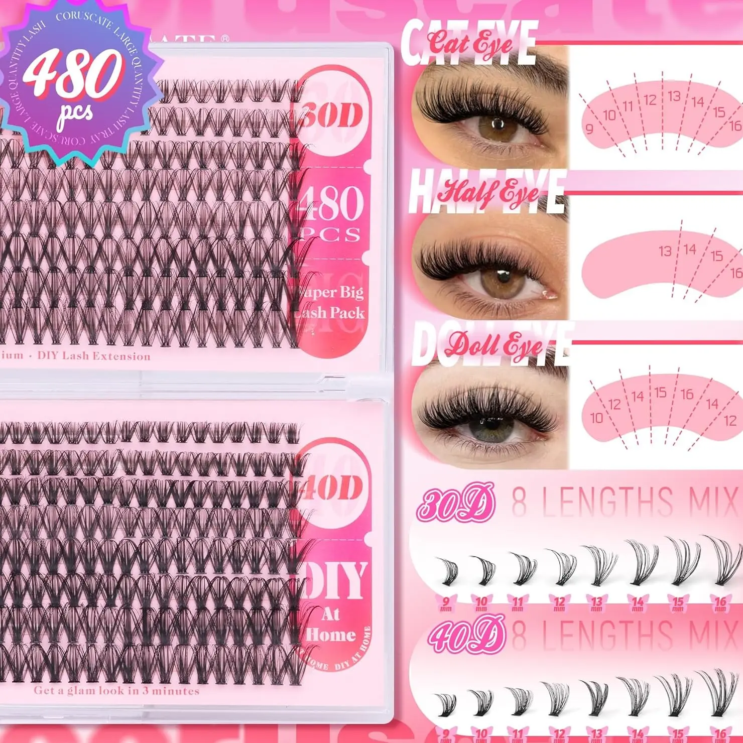 480 pcs Individual Eyelashes   30D 40D Wispy  Natural Look DIY  Extension - Makeup, Cosmetic cluster lashes eyelashes  kit extention