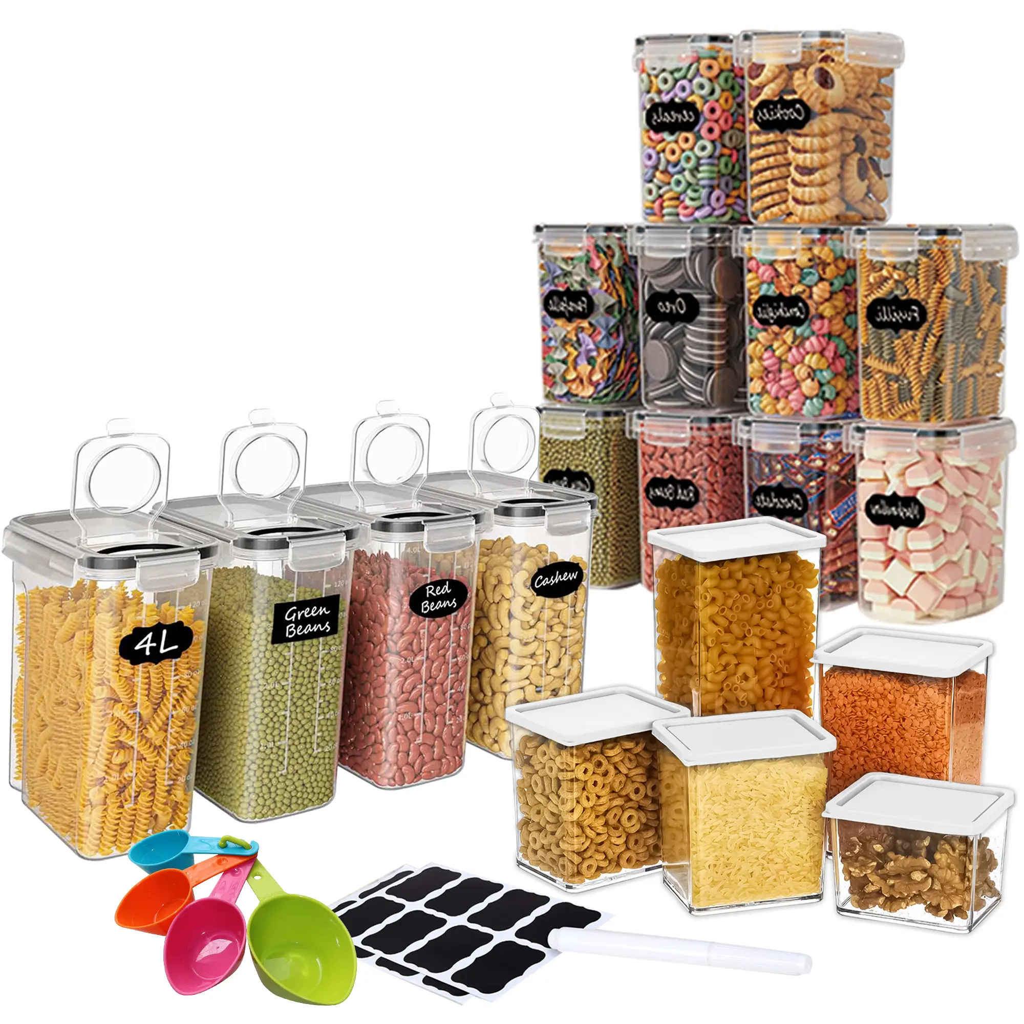 AEX Kitchen Organiser Bundle Airtight Cereal Food Containers (19-Piece Set) Food Storage Stackable Plastic Silicone Lids Tin Canister Bpa