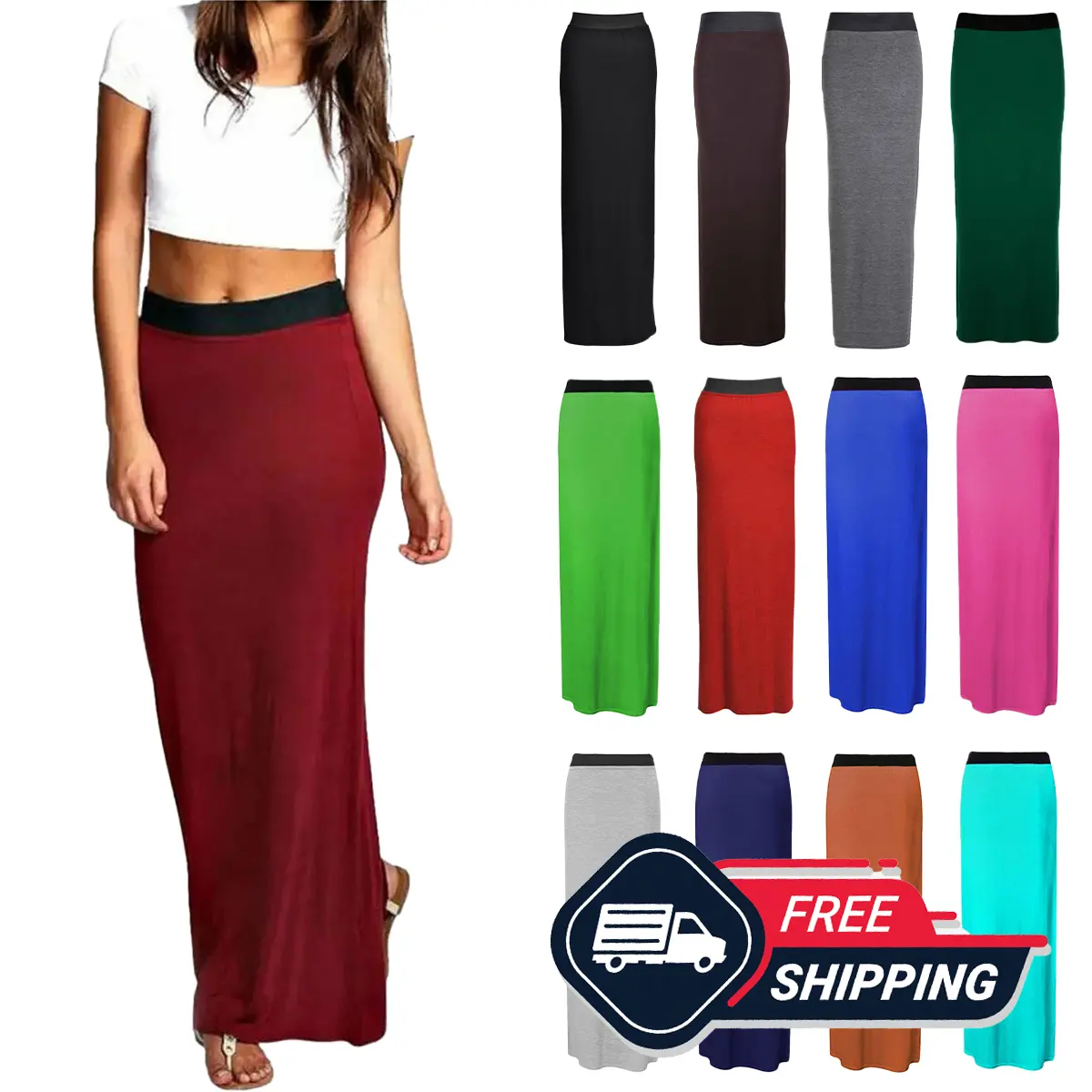 EFTINAN Womens Plain Gypsy Maxi Skirt Ladies Jersey Bodycon Summer Dress UK 8-26