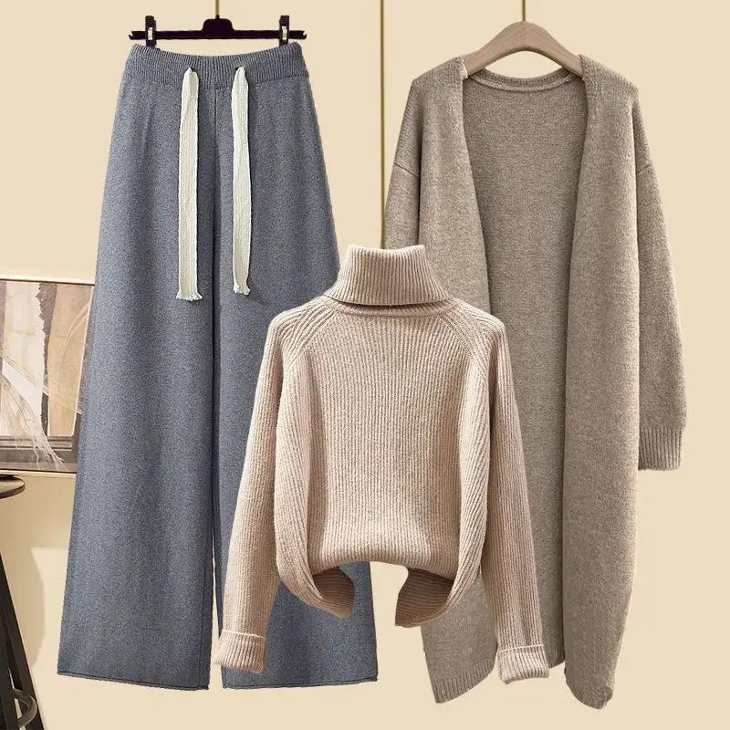 Product Introduction of [2025] plus size women's winter cardigan jacket polo/turtle neck sweater bell bottoms three-piece set new style long length 16
