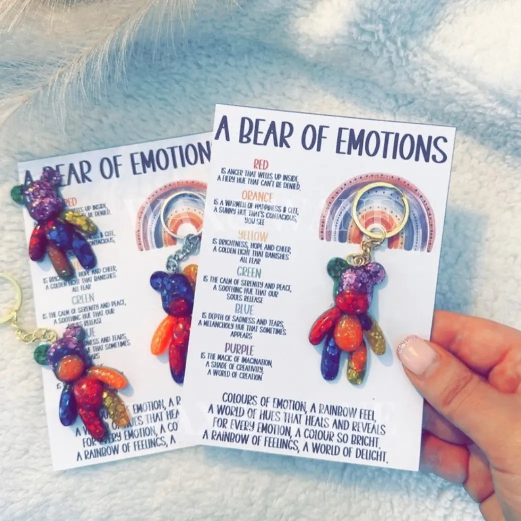 Rainbow Worry Bear Keyring, Emotional Support Gift, Mental Health Gift For Friends, Emotion Card, Pick Me Up Gift, Rainbow Bear Keyring