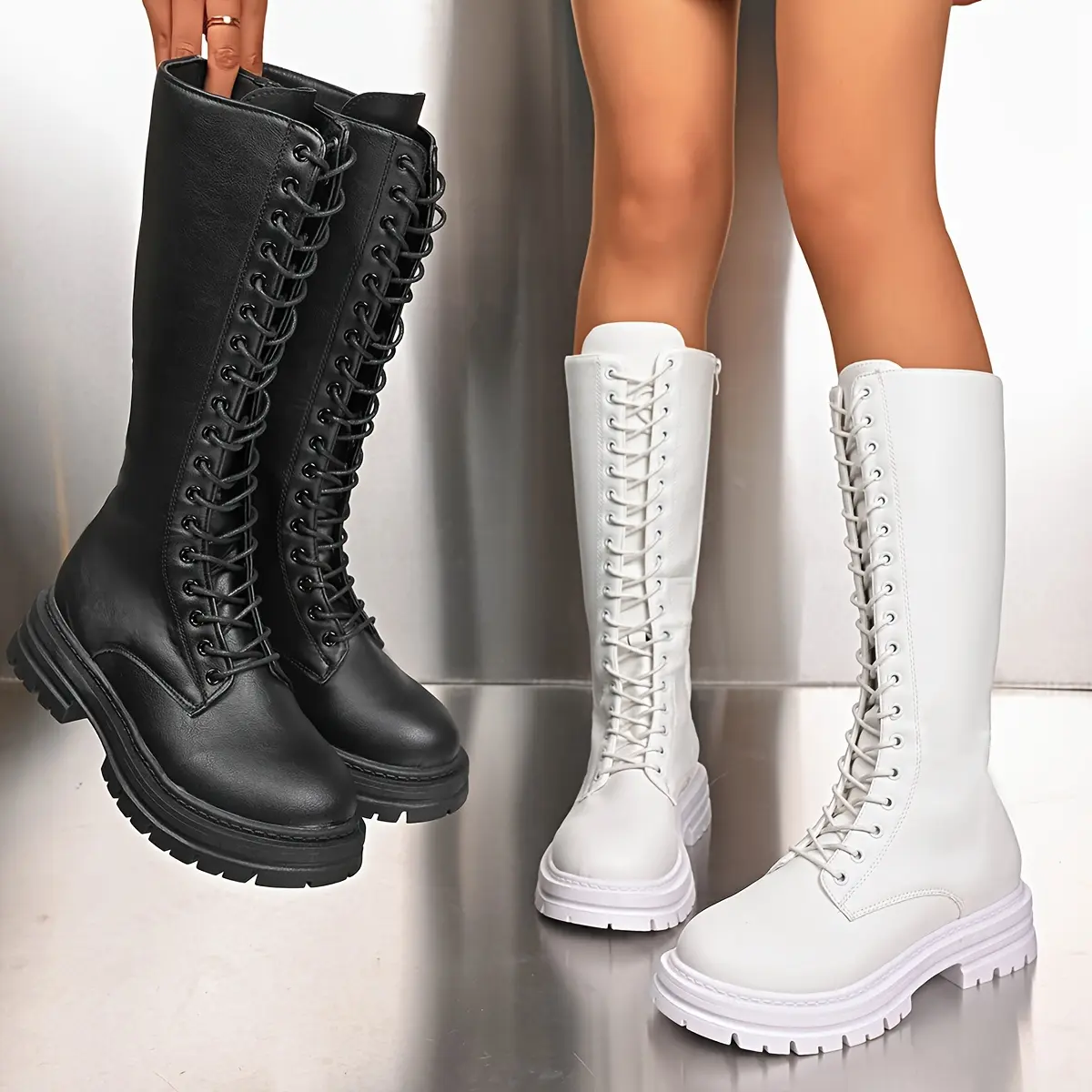 Chic Women's Mid-Calf Knight Boots with Thick Sole and Lace-Up Design - Faux Cover, Rubber Sole, All-Season Wear