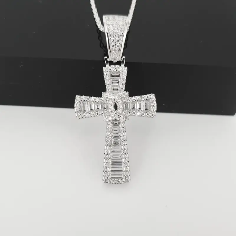 925 Sterling Silver Baguettes & Round CZs Cross with Chain 0