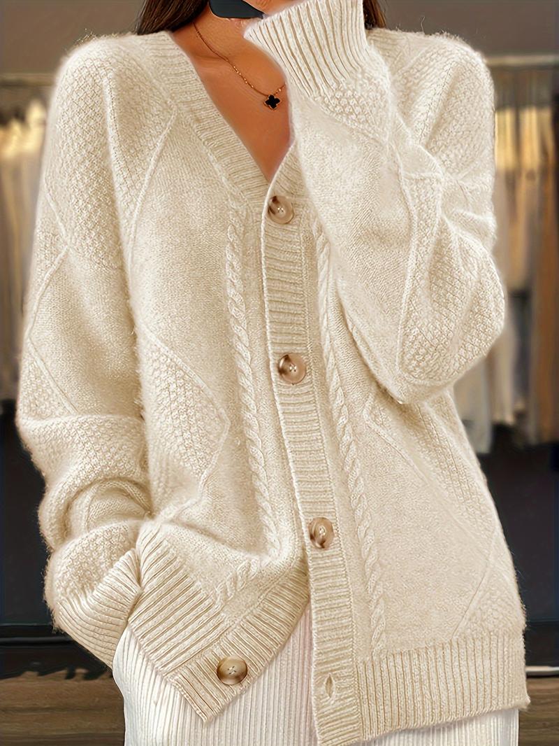 Product Introduction of Plus Size Cozy Cable Knitted Cardigan - Soft, Warm, and Stylish Long Sleeve Button Front Cardigan for Fall and Winter - Women's Casual Plus Size Clothing for Everyday Wear 0