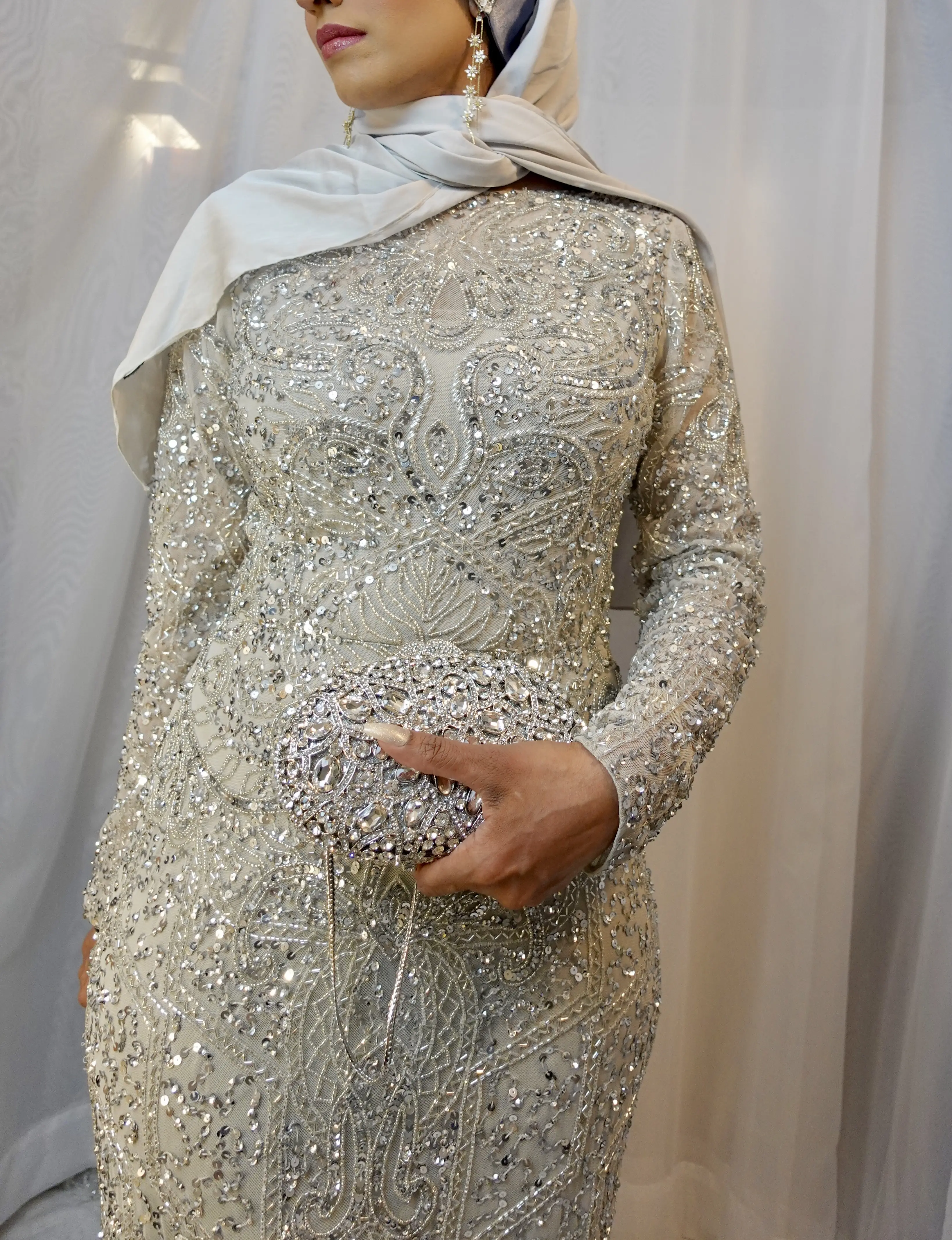 Hannah Embellished Sequin Dress Light Grey straight cut  Occasional Evening Wear