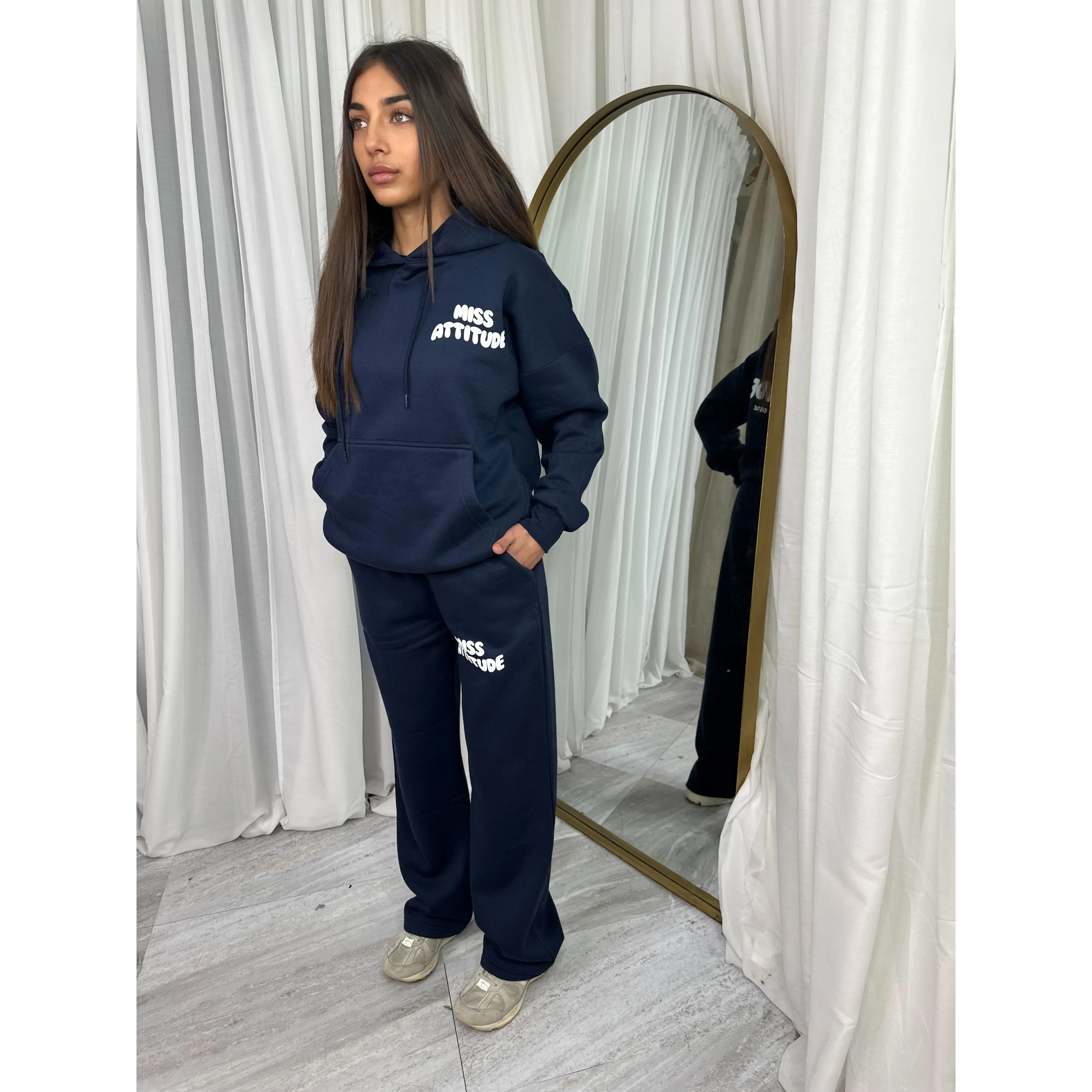 Premium navy miss attitude ”handle with care” oversized fleece lined joggers with drawstring & white puff print